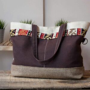 Home Fashionable canvas tote bag featuring colorful ethnic patterns, perfect for daily use.